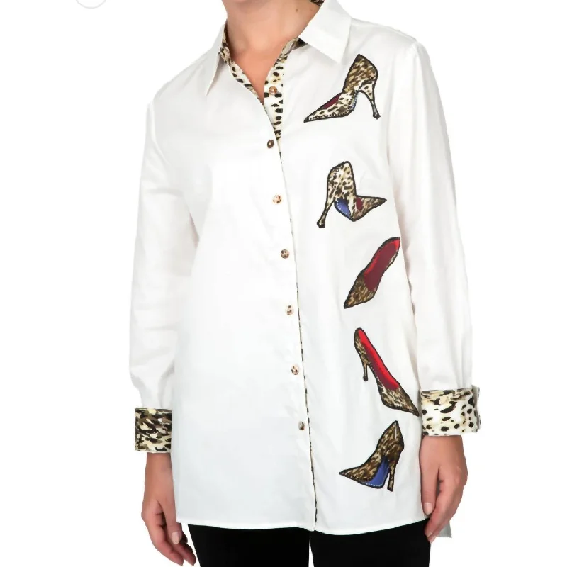 Chic Style, Always In Vogue A Row Of Stilettos Shirt In White