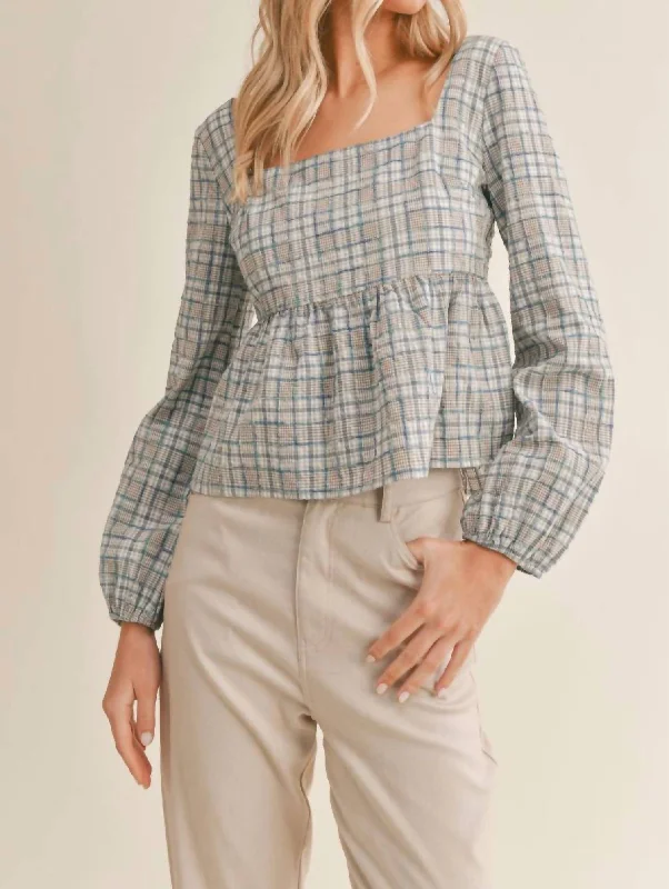 Essentials On Sale Making Memories Plaid Top In Blue