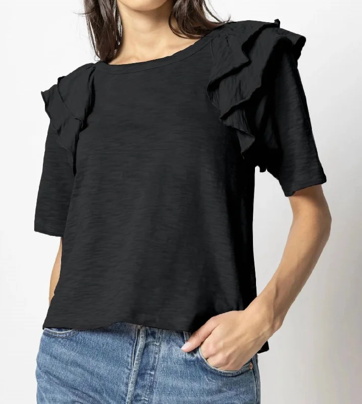 Don't Miss Out Elbow Sleeve Ruffle Crewneck Top In Black