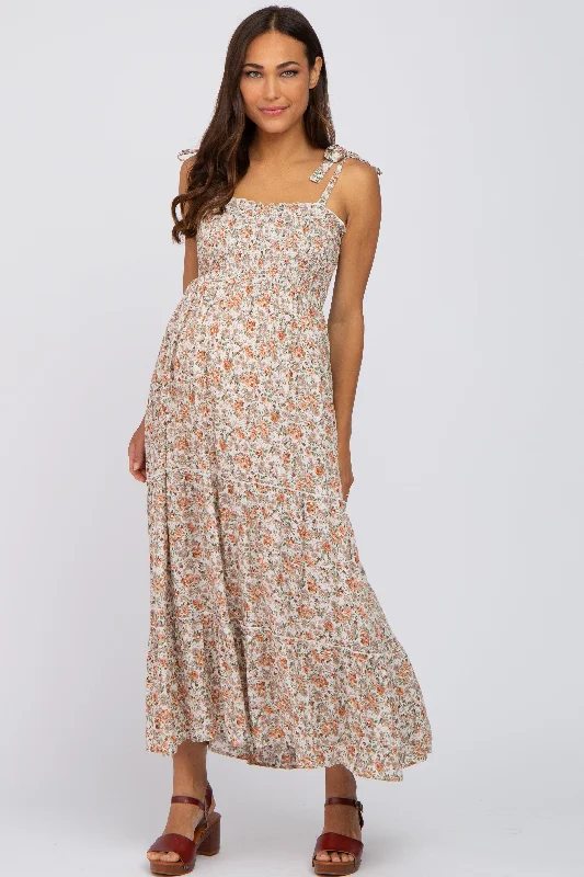 Women's Trendy Attire Relaxed Style Deals Beige Floral Sleeveless Tiered Maternity Maxi Dress Women's Trendy Attire Relaxed Style Deals Beige Floral Sleeveless Tiered Maternity Maxi Dress