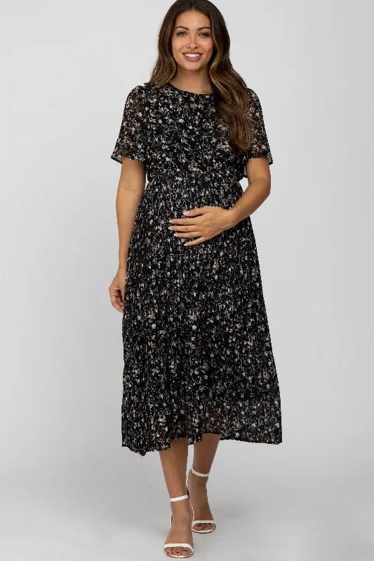 Women's Outerwear Apparel Bid Farewell To The Old Season Black Floral Pleated Short Sleeve Chiffon Maternity Midi Dress