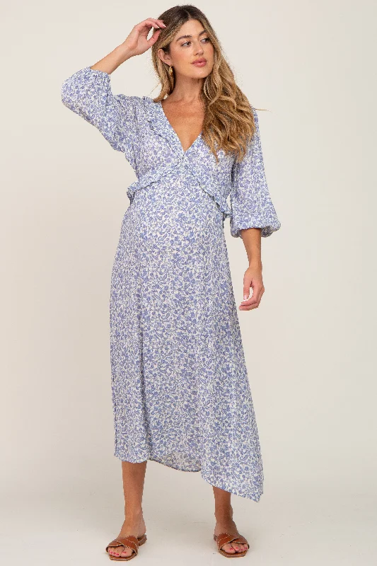 Women's Active Garments For Workouts Chic & Modern Sales Blue Floral Ruffle V-Neck Maternity Midi Dress Women's Active Garments For Workouts Chic & Modern Sales Blue Floral Ruffle V-Neck Maternity Midi Dress