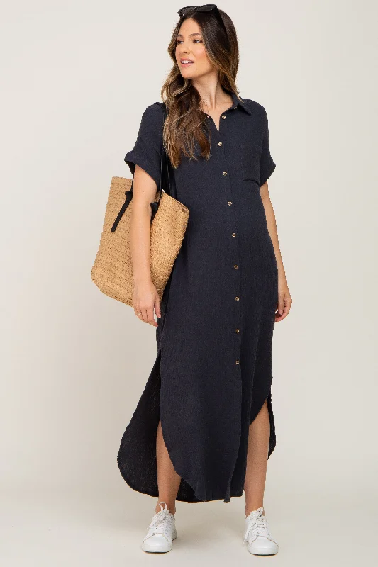 Women's Seasonal Apparel Fresh Fashion Discounts Charcoal Button Down Maternity Midi Dress Women's Seasonal Apparel Fresh Fashion Discounts Charcoal Button Down Maternity Midi Dress