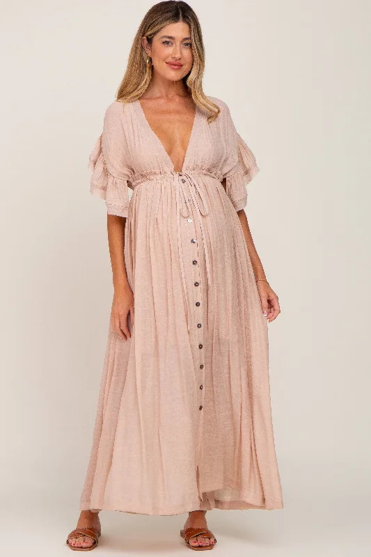 Women's Resort Attire Modern Fashion Sale Light Pink Deep V-Neck Button Down Maternity Maxi Dress Women's Resort Attire Modern Fashion Sale Light Pink Deep V-Neck Button Down Maternity Maxi Dress