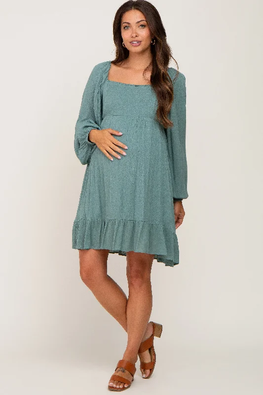 Stylish Women's Outfit Chic Trend Collection Olive Square Neck Puff Long Sleeve Maternity Dress Stylish Women's Outfit Chic Trend Collection Olive Square Neck Puff Long Sleeve Maternity Dress
