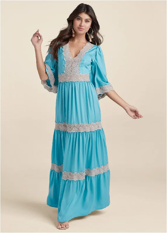 Women's Cozy Outfit For Lounging Sophisticated Fashion Lace Detail Maxi Dress - Aqua Multi Women's Cozy Outfit For Lounging Sophisticated Fashion Lace Detail Maxi Dress - Aqua Multi