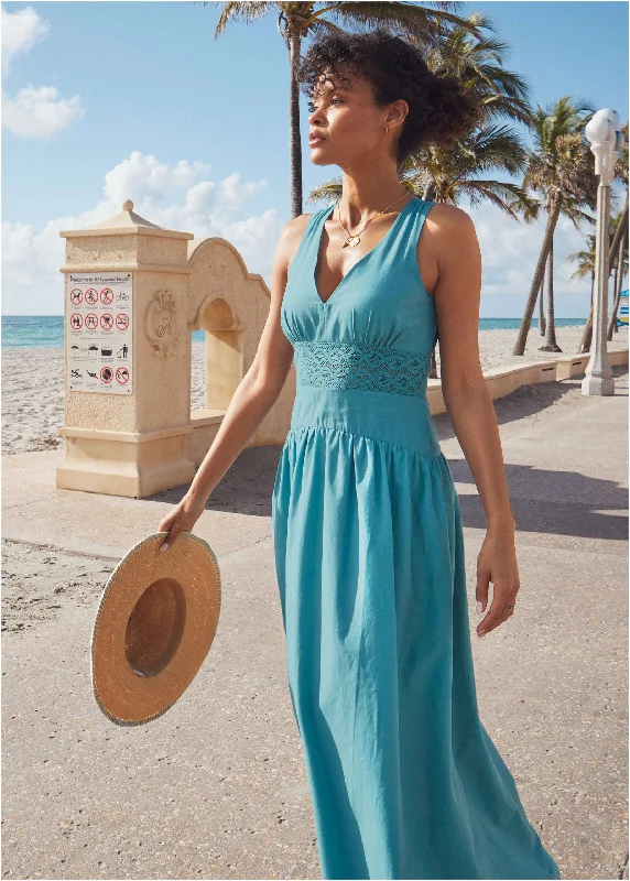Women's Vintage Garments Seasonal Style Discounts Lace Detail Drop Waist Maxi - Blue Women's Vintage Garments Seasonal Style Discounts Lace Detail Drop Waist Maxi - Blue