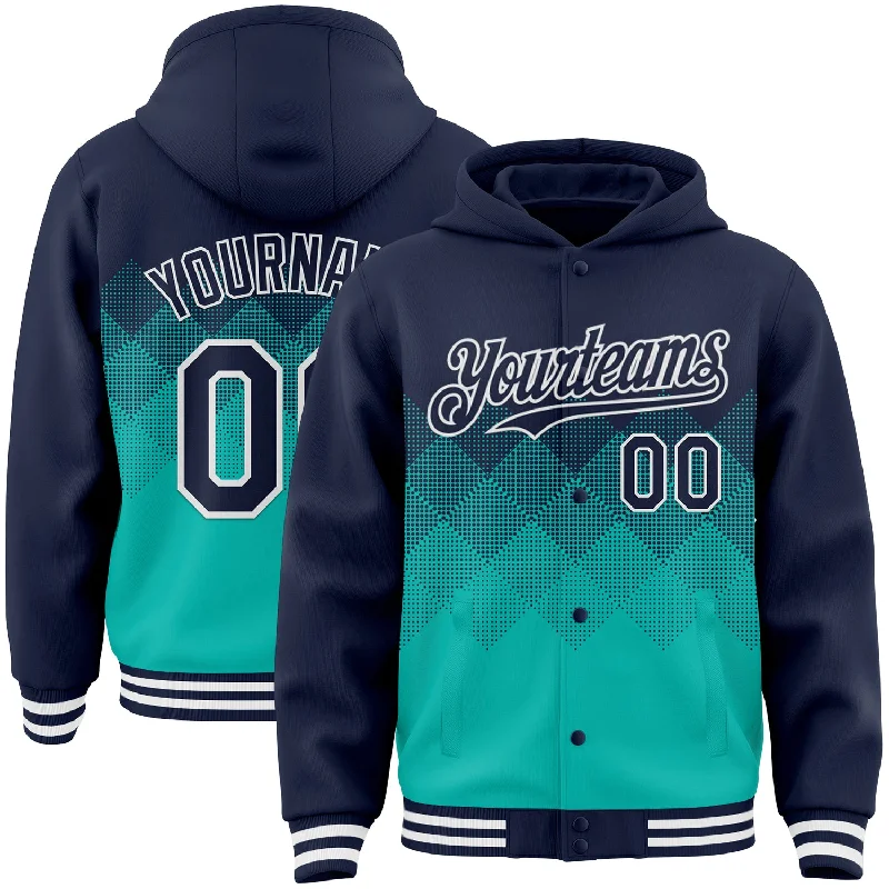 Minimalist Unisex Fashion Must-Haves Minimalist Fashion Sale Custom Navy Aqua-White Gradient Square Shape 3D Pattern Design Bomber Full-Snap Varsity Letterman Hoodie Jacket