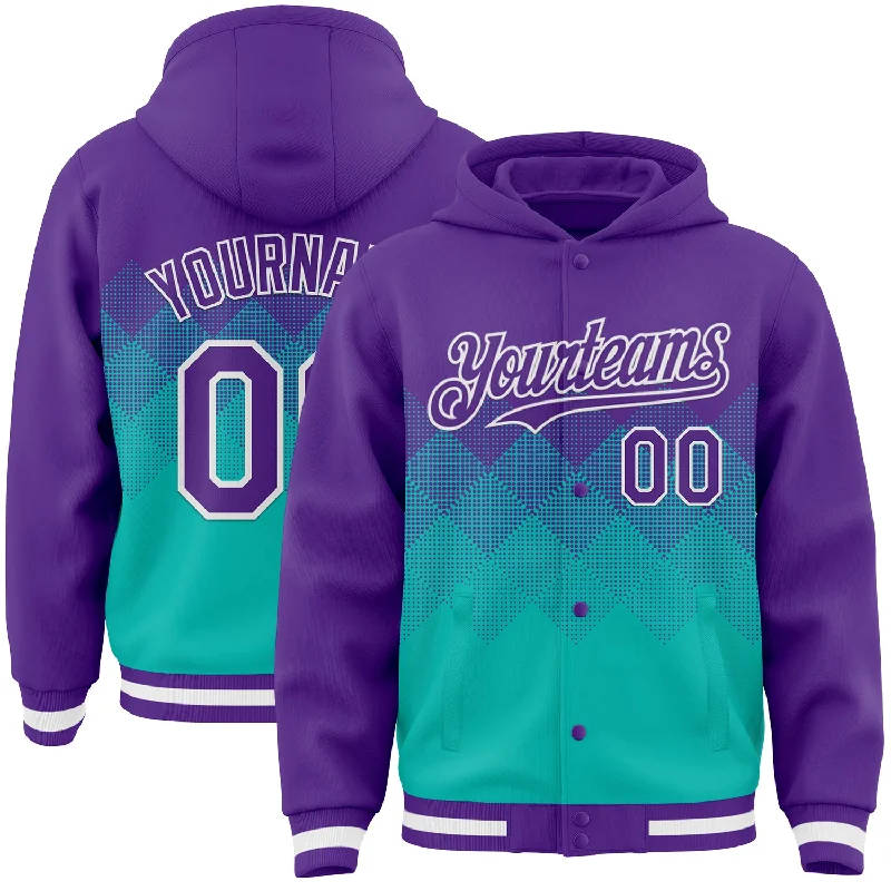 Versatile Unisex Layering Pieces Summer Fashion Custom Purple Aqua-White Gradient Square Shape 3D Pattern Design Bomber Full-Snap Varsity Letterman Hoodie Jacket