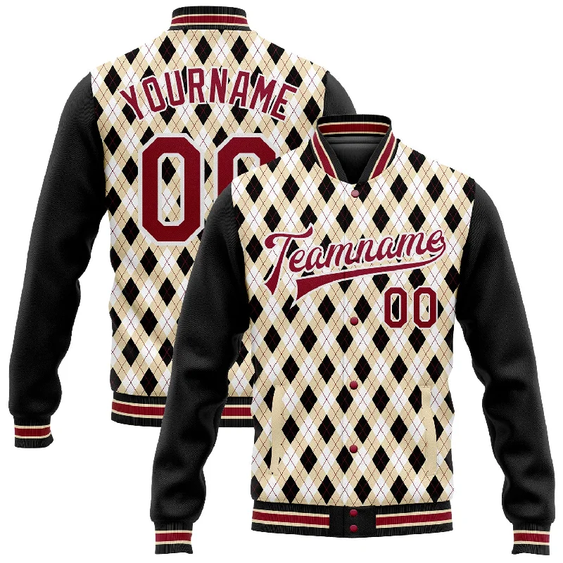 Oversized Unisex Apparel For Effortless Style Fashion Sale Custom City Cream Crimson-Black Check Board 3D Pattern Design Bomber Full-Snap Varsity Letterman Jacket