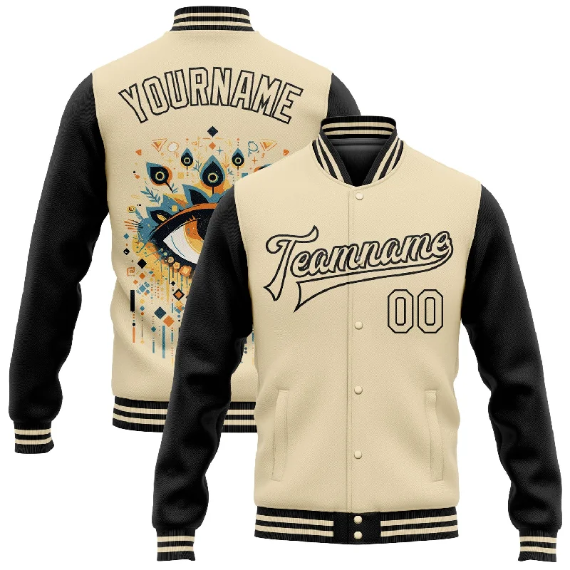 Comfortable Gender-Free Fashion Choices Cool Prices Custom Cream Black Evil Eyes 3D Pattern Design Bomber Full-Snap Varsity Letterman Jacket