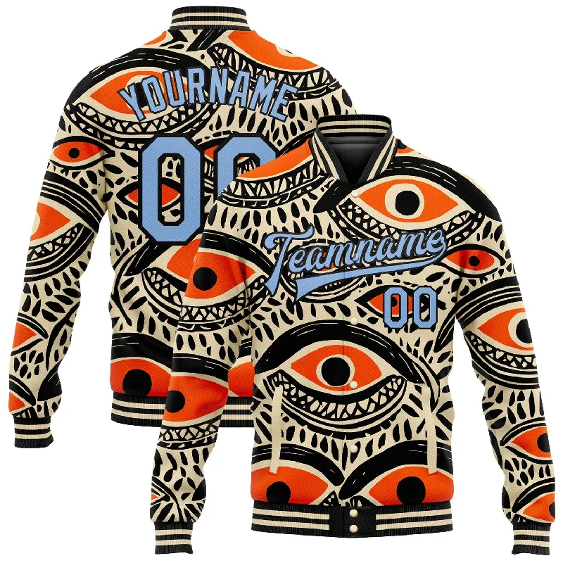 Modern Unisex Streetwear Outfits Chic Styles Custom Cream Light Blue-Black Evil Eyes 3D Pattern Design Bomber Full-Snap Varsity Letterman Jacket