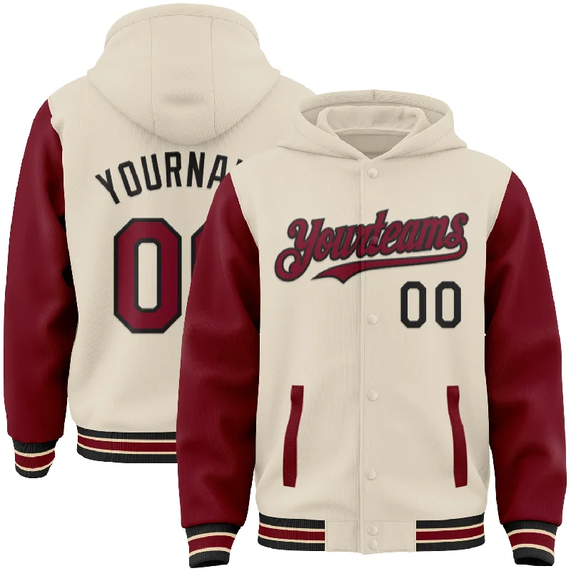 Contemporary Gender-Free Clothing Styles Unleash Your Trendy Side Custom Cream Crimson Black-City Cream Bomber Full-Snap Varsity Letterman Two Tone Hoodie Jacket