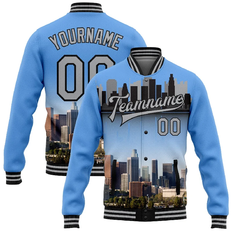 Modern Unisex Wardrobe Staples Relaxed Style Custom Powder Blue Gray-Black Los Angeles California City Edition 3D Bomber Full-Snap Varsity Letterman Jacket