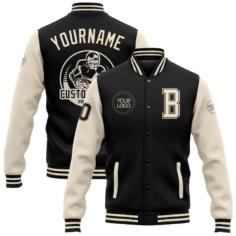 Modern Unisex Wardrobe Staples Fashion Forward Custom Black Cream Bomber Full-Snap Varsity Letterman Two Tone Jacket