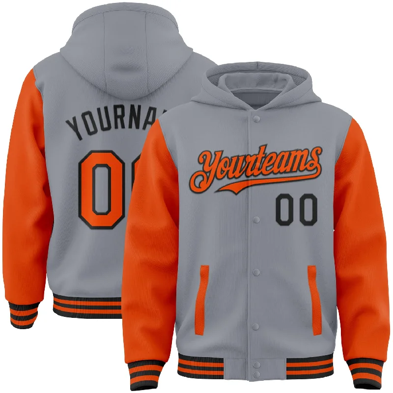 Sustainable Gender-Neutral Apparel Trendy Fashion Sale Custom Gray Orange-Black Bomber Full-Snap Varsity Letterman Two Tone Hoodie Jacket