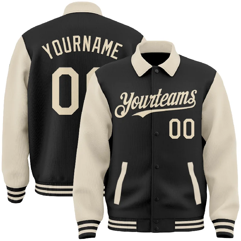 Comfortable Gender-Free Fashion Choices Discount Extravaganza Custom Black Cream Bomber Full-Snap Varsity Letterman Two Tone Lapel Collar Byron Jacket Comfortable Gender-Free Fashion Choices Discount Extravaganza Custom Black Cream Bomber Full-Snap Varsity Letterman Two Tone Lapel Collar Byron Jacket