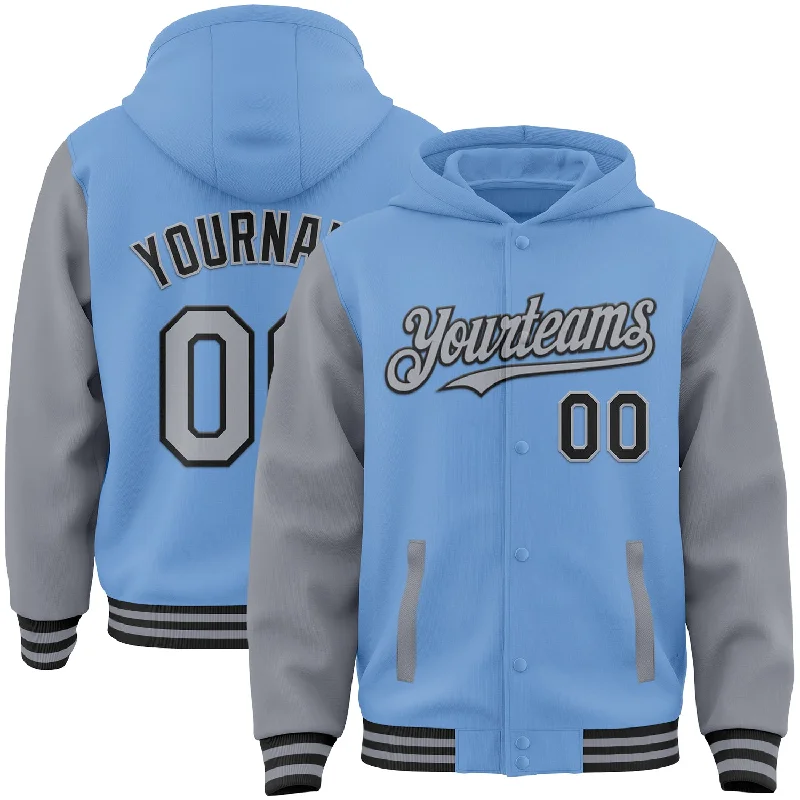 Minimalist Unisex Fashion Must-Haves Unbeatable Prices Custom Light Blue Gray-Black Bomber Full-Snap Varsity Letterman Two Tone Hoodie Jacket