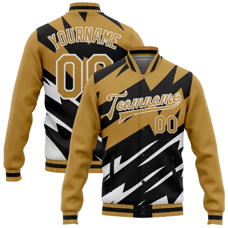 Casual Yet Sophisticated Unisex Fashion Limited Stock, Big Sale Custom Old Gold Black-White Lightning 3D Pattern Design Bomber Full-Snap Varsity Letterman Jacket