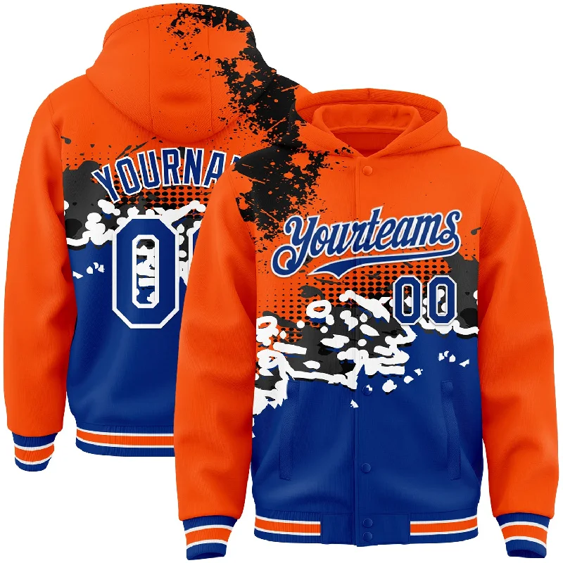 Relaxed-Fit Unisex Fashion For All-Day Comfort Don't Miss Out Custom Orange Royal-Black Abstract Splash Grunge Art 3D Pattern Design Bomber Full-Snap Varsity Letterman Hoodie Jacket