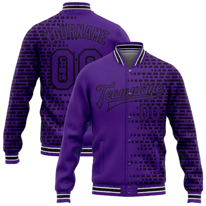 Minimalist Unisex Fashion Essentials Seasonal Clearance Custom Purple Black-White Halftone 3D Pattern Design Bomber Full-Snap Varsity Letterman Jacket