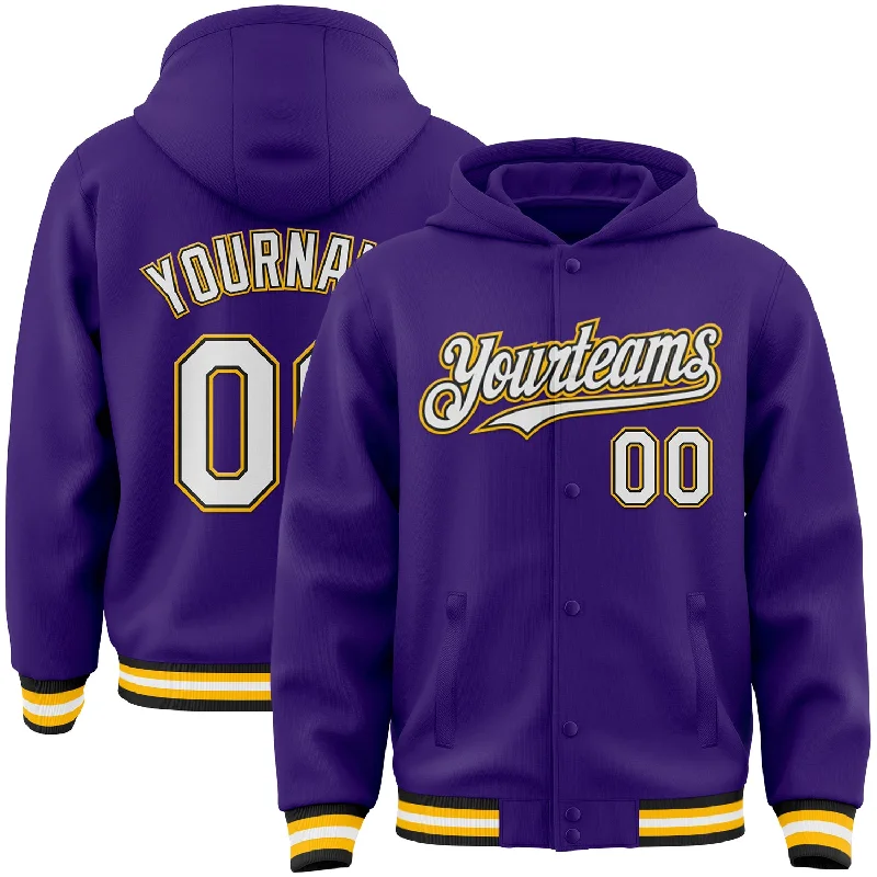Sleek And Stylish Unisex Outerwear Bold Style Discounts Custom Purple Black-Gold Bomber Full-Snap Varsity Letterman Hoodie Jacket