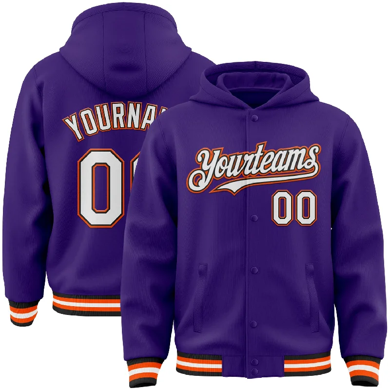Soft And Breathable Unisex Loungewear Vintage Style Deals Custom Purple Black-Orange Bomber Full-Snap Varsity Letterman Hoodie Jacket