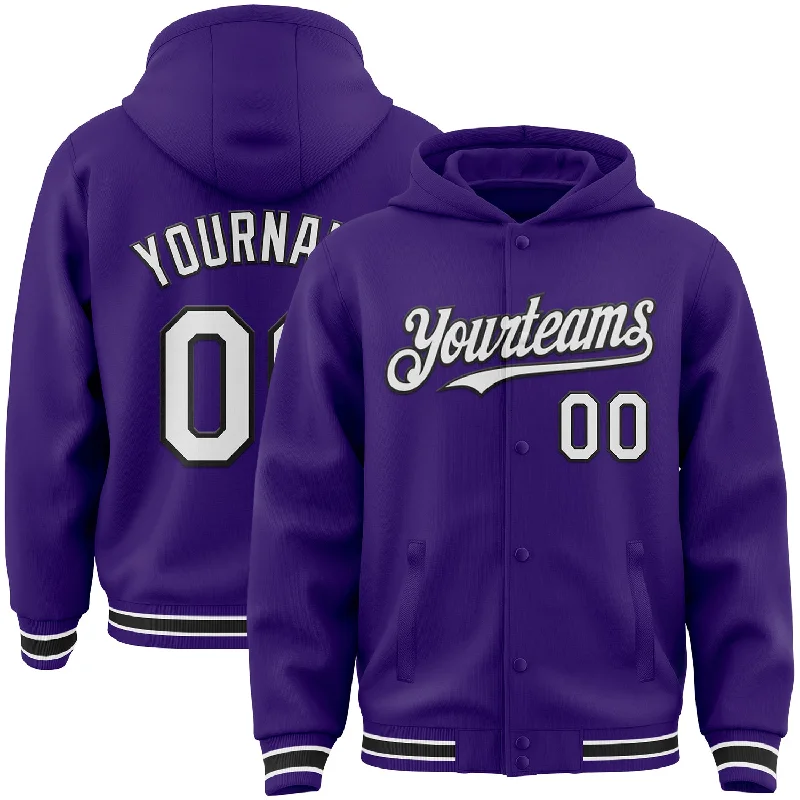 Minimalist Unisex Fashion Must-Haves Chic Styles Custom Purple White-Black Bomber Full-Snap Varsity Letterman Hoodie Jacket