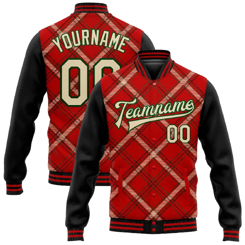 Fashion-Forward Gender-Neutral Outerwear Stylish Looks Custom Red City Cream Black-Green Check Board 3D Pattern Design Bomber Full-Snap Varsity Letterman Jacket