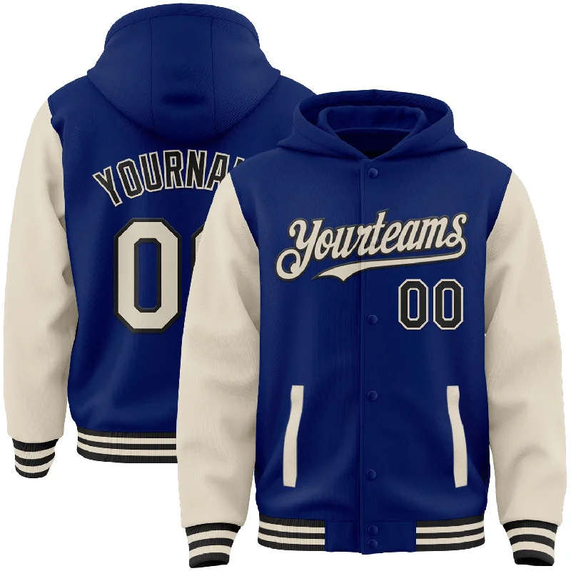 Relaxed-Fit Unisex Fashion For All-Day Comfort Seize Bargains Custom Royal Cream-Black Bomber Full-Snap Varsity Letterman Two Tone Hoodie Jacket