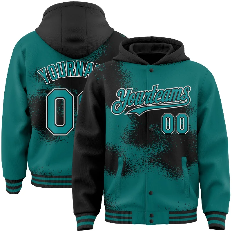 Contemporary Gender-Free Clothing Styles Special Offer Custom Teal Black-White Abstract Color Blocks Fragment Art 3D Pattern Design Bomber Full-Snap Varsity Letterman Hoodie Jacket