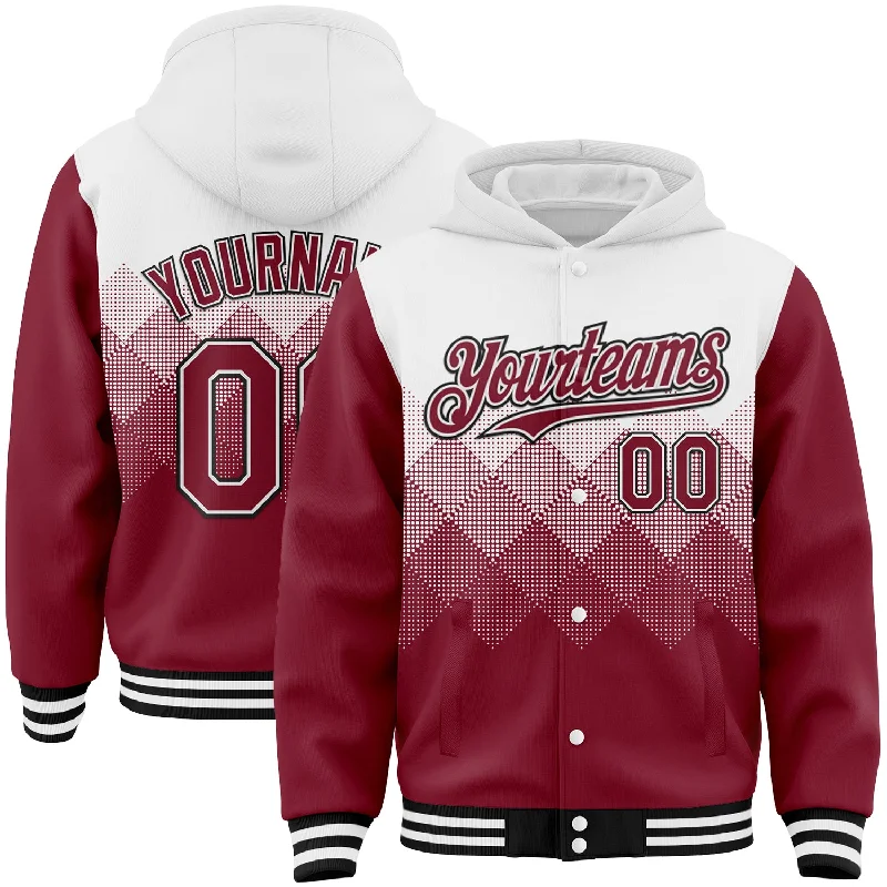 High-Quality Unisex Basics For All Occasions Trendy Fashion Sale Custom White Crimson-Black Gradient Square Shape 3D Pattern Design Bomber Full-Snap Varsity Letterman Hoodie Jacket