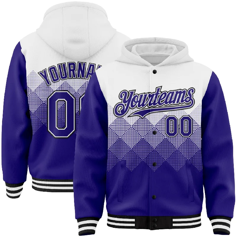 Versatile Clothing For All Genders Hot Picks Custom White Dark Purple-Black Gradient Square Shape 3D Pattern Design Bomber Full-Snap Varsity Letterman Hoodie Jacket