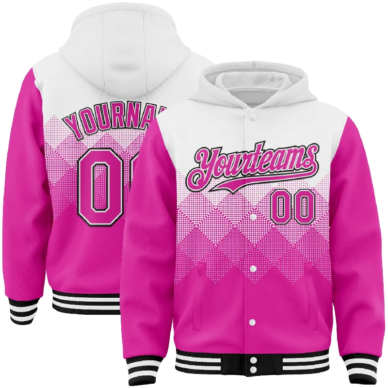 Stylish Unisex Outfit Ideas Essentials On Sale Custom White Deep Pink-Black Gradient Square Shape 3D Pattern Design Bomber Full-Snap Varsity Letterman Hoodie Jacket