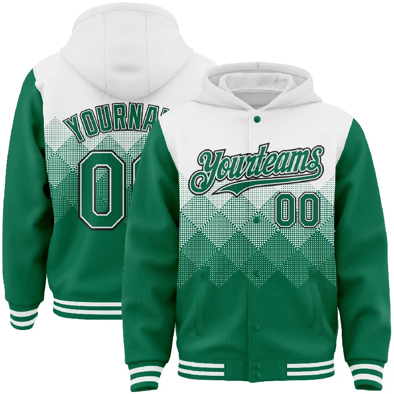 Minimalist Unisex Fashion Essentials Holiday Attire Sale Custom White Kelly Green-Black Gradient Square Shape 3D Pattern Design Bomber Full-Snap Varsity Letterman Hoodie Jacket