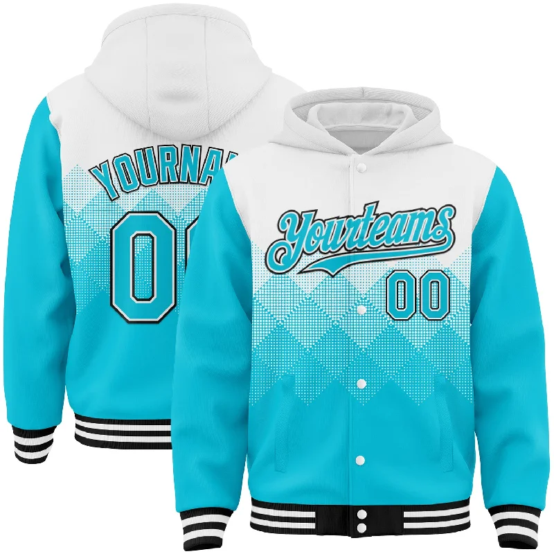 Fashion-Forward Gender-Neutral Outerwear Shop Sale Items Custom White Lakes Blue-Black Gradient Square Shape 3D Pattern Design Bomber Full-Snap Varsity Letterman Hoodie Jacket