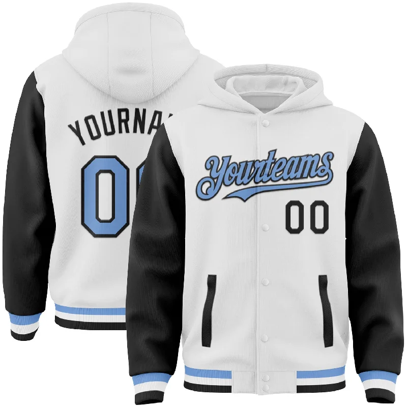 Trendy Unisex Summer Deals Custom White Light Blue-Black Bomber Full-Snap Varsity Letterman Two Tone Hoodie Jacket