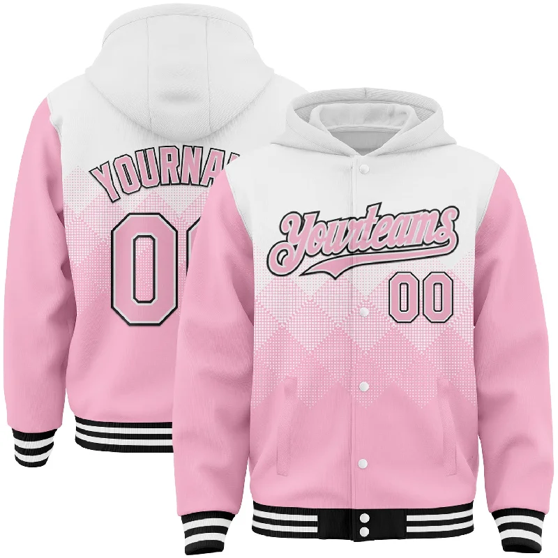 Bold And Trendy Gender-Neutral Outfits Flash Sale Fever Custom White Light Pink-Black Gradient Square Shape 3D Pattern Design Bomber Full-Snap Varsity Letterman Hoodie Jacket