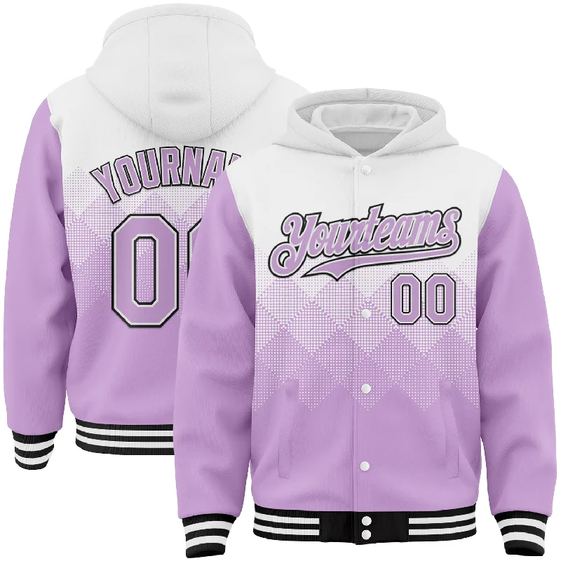 Trendy Unisex Top Deals Custom White Light Purple-Black Gradient Square Shape 3D Pattern Design Bomber Full-Snap Varsity Letterman Hoodie Jacket