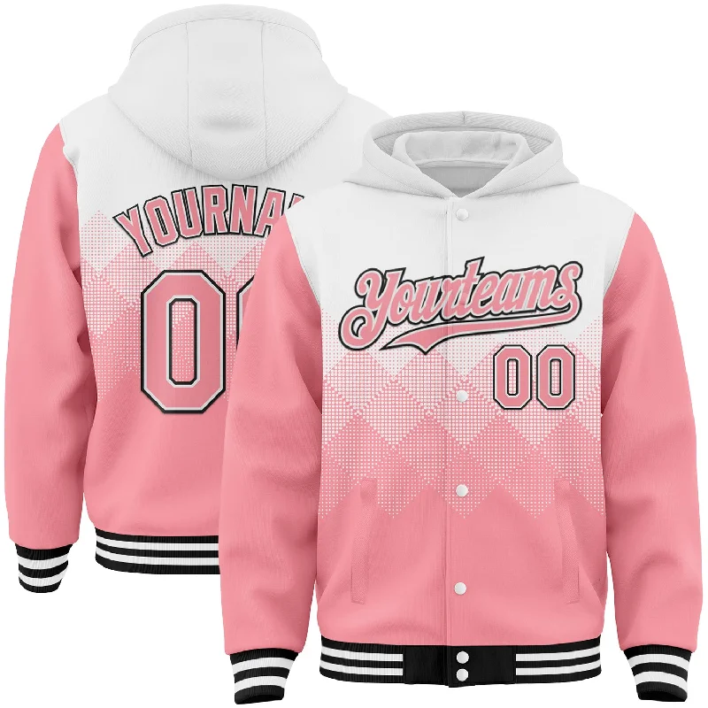 Casual Yet Sophisticated Unisex Fashion Style Without Limits Custom White Medium Pink-Black Gradient Square Shape 3D Pattern Design Bomber Full-Snap Varsity Letterman Hoodie Jacket