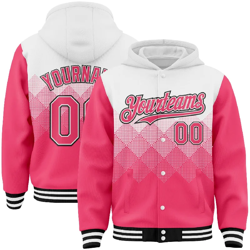 Unisex Casual Fashion Trends Inspired By You, Designed For You Custom White Neon Pink-Black Gradient Square Shape 3D Pattern Design Bomber Full-Snap Varsity Letterman Hoodie Jacket