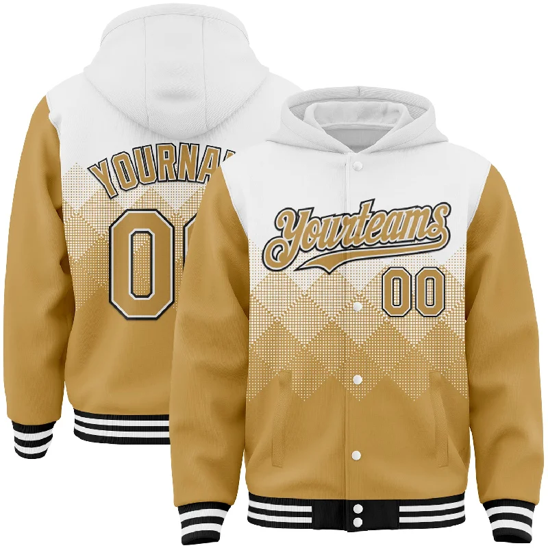 Functional And Stylish Unisex Wear Limited Time Special Offer Custom White Old Gold-Black Gradient Square Shape 3D Pattern Design Bomber Full-Snap Varsity Letterman Hoodie Jacket