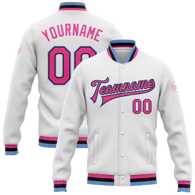 All-Season Unisex Clothing Collection Weekend Exclusive Custom White Pink Black-Light Blue Bomber Full-Snap Varsity Letterman Jacket
