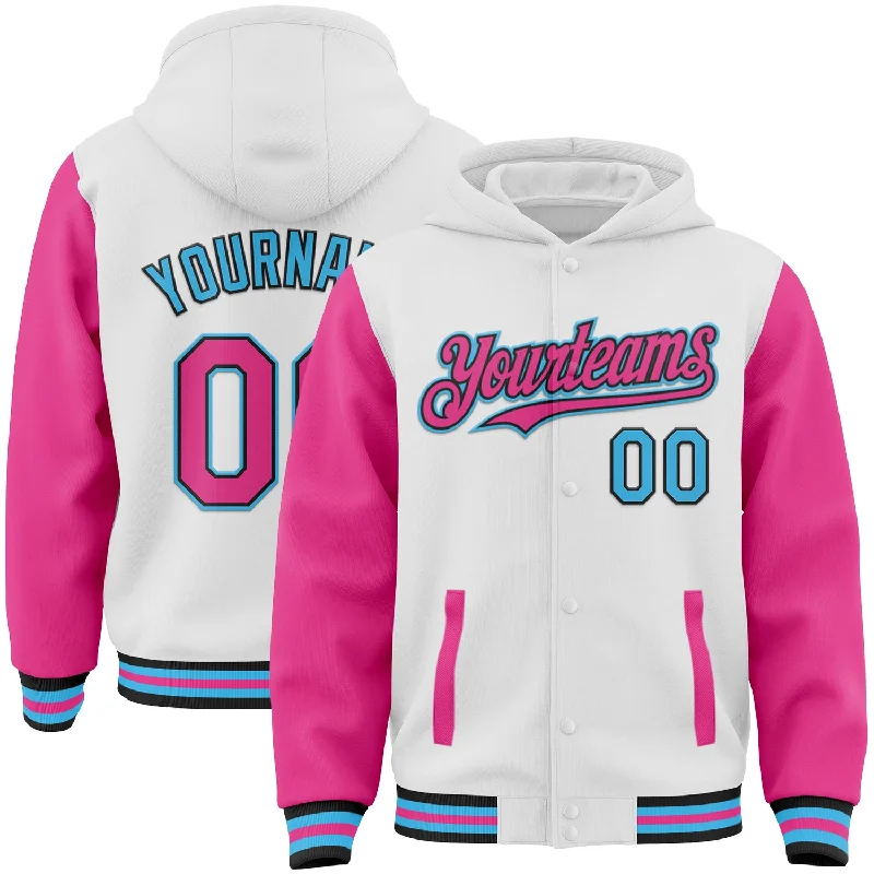 Casual And Trendy Unisex Fashion Staples Crazy Discounts, Hurry Up Custom White Pink Black-Sky Blue Bomber Full-Snap Varsity Letterman Two Tone Hoodie Jacket