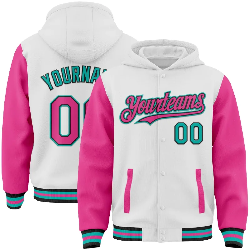 Classic And Timeless Gender-Neutral Fashion Additional Time-Limited Offers Custom White Pink Black-Aqua Bomber Full-Snap Varsity Letterman Two Tone Hoodie Jacket