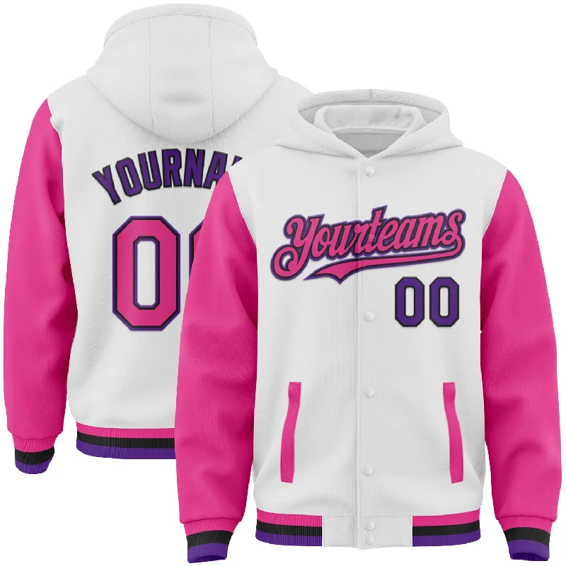 Fashion-Forward Gender-Neutral Outfit Ideas Limited Time Offer Custom White Pink Black-Purple Bomber Full-Snap Varsity Letterman Two Tone Hoodie Jacket