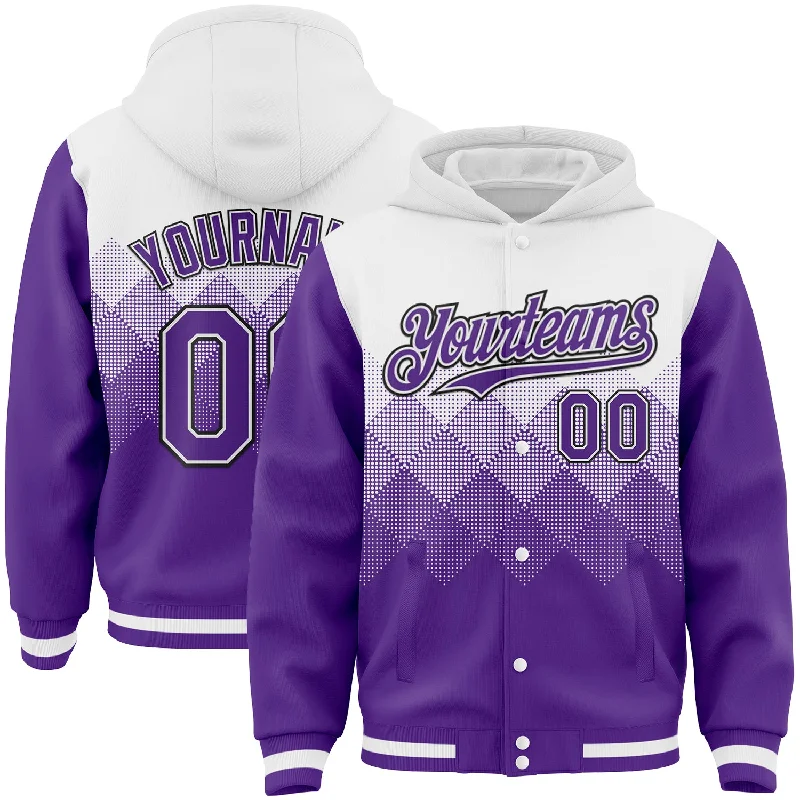 Sustainable Gender-Neutral Apparel Final Sale Custom White Purple-Black Gradient Square Shape 3D Pattern Design Bomber Full-Snap Varsity Letterman Hoodie Jacket