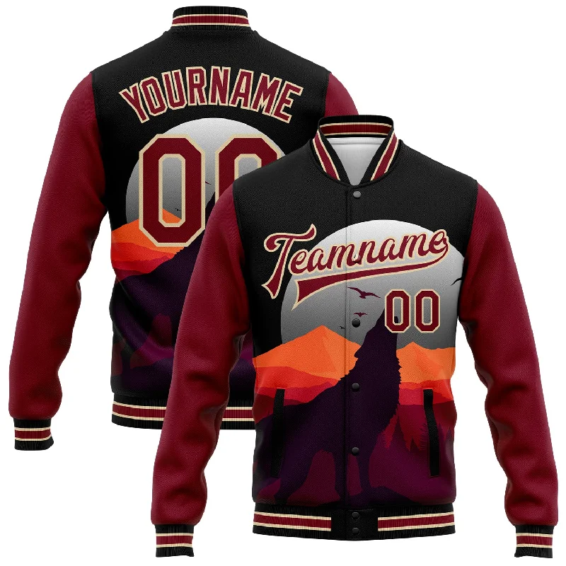 Effortless And Modern Unisex Dressing Limited Time Flash Sale Custom Black Crimson-City Cream Wolf Howling 3D Pattern Design Bomber Full-Snap Varsity Letterman Jacket