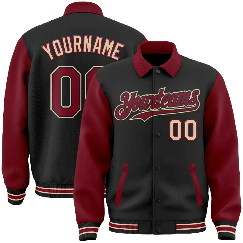 Breathable And Lightweight Unisex Wear Modern Chic Discounts Custom Black Crimson-City Cream Bomber Full-Snap Varsity Letterman Two Tone Lapel Collar Byron Jacket Breathable And Lightweight Unisex Wear Modern Chic Discounts Custom Black Crimson-City Cream Bomber Full-Snap Varsity Letterman Two Tone Lapel Collar Byron Jacket