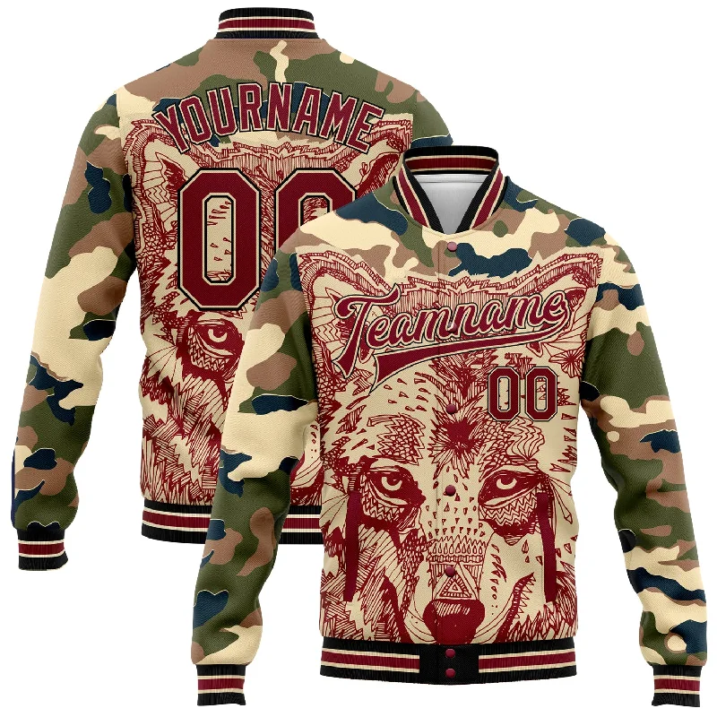 Functional And Stylish Unisex Outerwear Hot Sale Custom Camo Crimson City Cream-Black Wolf 3D Pattern Design Bomber Full-Snap Varsity Letterman Salute To Service Jacket